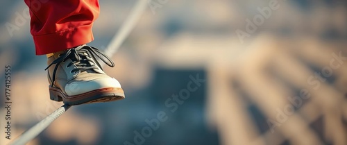 Close-up of a tightrope walker's foot on a thin wire, blurred background,  bravery,  wire