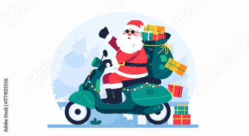 Santa Claus riding scooter with big sack of Christmas gifts. Festive flat vector illustration symbolizing holiday delivery, winter celebration, and cheerful Christmas spirit.