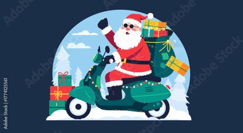Santa Claus riding scooter with big sack of Christmas gifts. Festive flat vector illustration symbolizing holiday delivery, winter celebration, and cheerful Christmas spirit.