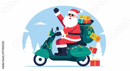 Santa Claus riding scooter with big sack of Christmas gifts. Festive flat vector illustration symbolizing holiday delivery, winter celebration, and cheerful Christmas spirit.