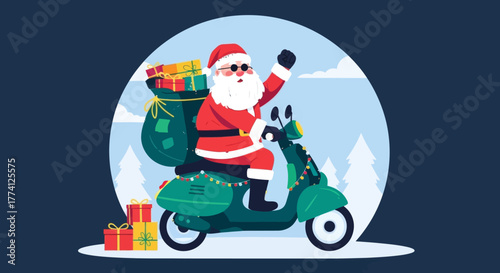 Santa Claus riding scooter with big sack of Christmas gifts. Festive flat vector illustration symbolizing holiday delivery, winter celebration, and cheerful Christmas spirit.