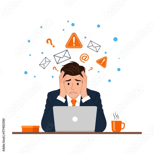 Stressed businessman with laptop overwhelmed by emails and deadlines. Flat vector illustration of work pressure, burnout, anxiety, and digital overload at office desk.