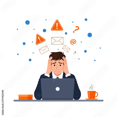 Stressed businessman with laptop overwhelmed by emails and deadlines. Flat vector illustration of work pressure, burnout, anxiety, and digital overload at office desk.