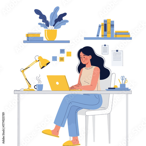 Young woman working on laptop at home office desk. Flat vector illustration of freelancer or remote worker in cozy workspace with modern furniture, books, and coffee cup.