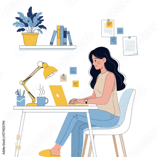 Young woman working on laptop at home office desk. Flat vector illustration of freelancer or remote worker in cozy workspace with modern furniture, books, and coffee cup.