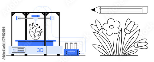 3D printer designs a heart with test tubes, pencil, and flower sketch symbolizing innovation, art, and technology. Ideal for creativity, design, education, innovation health science art simple