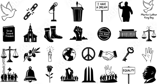 Icons Set Representing Martin Luther King Day and Civil Rights Movement