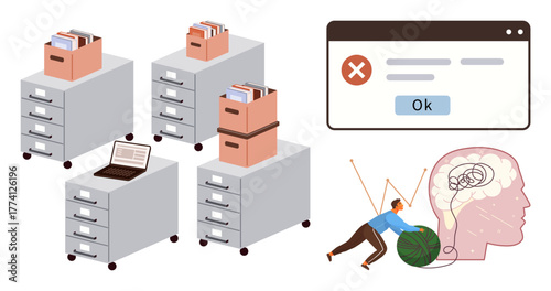 Filing cabinets with documents, laptop, error message popup, person pushing ball into a brain. Ideal for data management, stress, error handling, organization overload workload technology. Simple