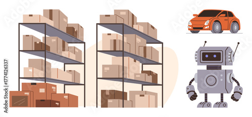 Stacked storage racks with boxes, a functional robot representing automation, and an orange car. Ideal for logistics, automation, warehouse management, delivery, technology, modern supply chain
