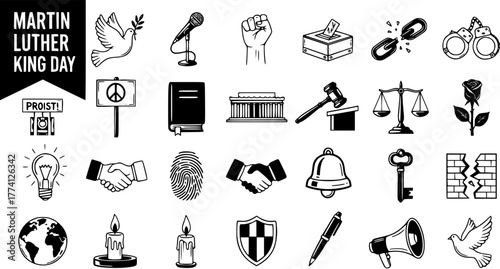 Martin Luther King Day Hand Drawn Icons Collection: Civil Rights, Justice, Peace, Equality, and Freedom Symbols
