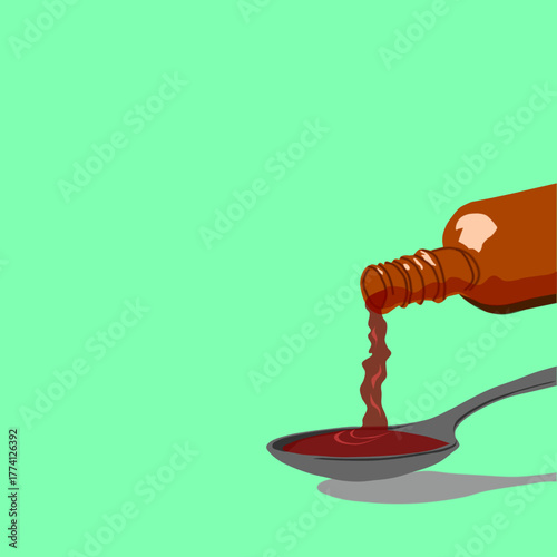 Illustration of pouring brown liquid medicine from a bottle onto a spoon against a light green background, symbolizing dosage and health.