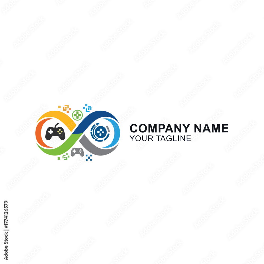 Obraz premium Colorful Infinity Gaming Logo with Controller and Target Symbols.
