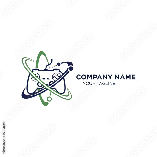 Modern gaming logo featuring a controller and orbital design elements.