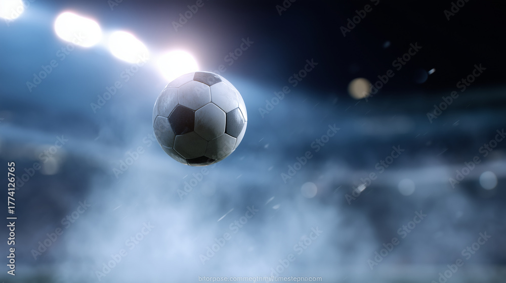 Naklejka premium A dynamic action shot of a soccer ball suspended mid-air beneath the bright stadium floodlights, frozen at the peak of motion during an intense football match. The blurred backgrou