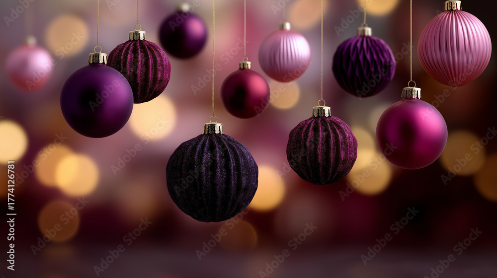 Fototapeta premium This image showcases a beautiful arrangement of Christmas ornaments in rich shades of purple, plum, burgundy, and pink, suspended gracefully against a softly blurred bokeh backgrou