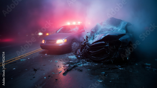 A major car collision scene showing two severely damaged vehicles with crumpled front ends, shattered glass, and debris scattered across the roadway. The photo captures the raw aft