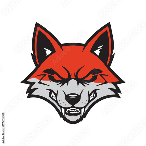 Fox head illustration – red upper face, gray snout, and sharp teeth for cunning branding, mascot identity, and aggressive animal-themed design.