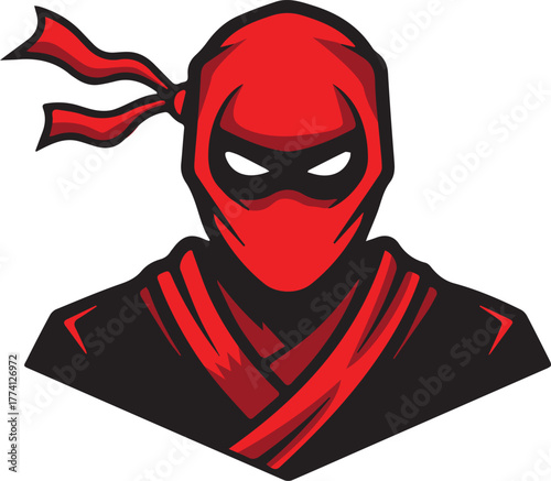 Ninja head illustration – red mask, flowing ribbons, and stealthy eyes for martial arts branding, gaming mascots, and covert identity design.