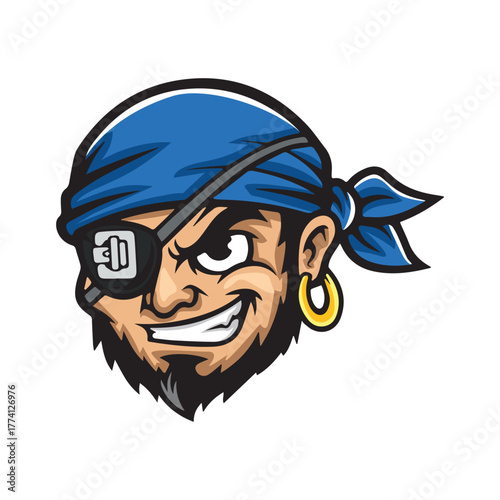 Pirate head illustration – blue bandana, black eye patch, gold earring, and mischievous grin for adventure branding, mascot identity, and treasure-themed character design.