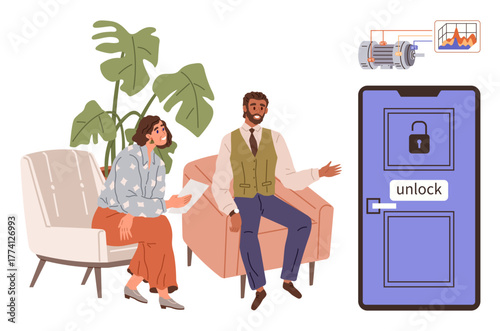 Two professionals seated in conversation near a door with a lock graphic and an analytics diagram representing security systems. Ideal for collaboration, teamwork, innovation, problem-solving