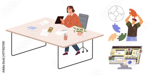 Person at desk with tablet, scattered papers, plant, puzzle pieces, and desktop dashboard. Ideal for collaboration, productivity, remote work, brainstorming digital tools organization simple flat