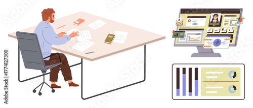 Businessman reviews documents at a desk alongside data charts and profile details on a computer monitor. Ideal for business analysis, research, productivity, strategy, planning, project management