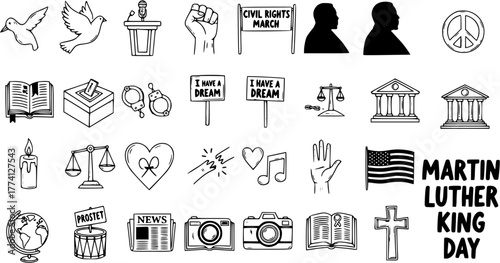 Martin Luther King Jr. Day and Civil Rights Movement doodle icons set. Hand-drawn symbols of peace, justice, freedom, and equality for African American history and human rights.