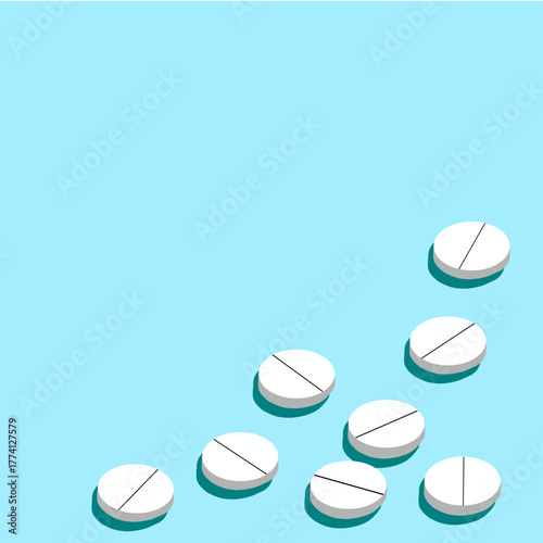 Seven white round pills or tablets arranged in a scattered pattern on a bright blue background, symbolizing medicine or healthcare.