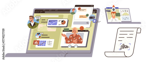 Online meeting with colleagues on laptop screen displaying chats, graphs, and profiles. Document signing, remote teamwork, data analytics, productivity, innovation, digital communication simple flat