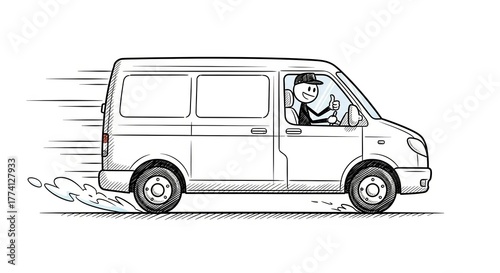 Cartoon Stick Figure Driving Van Fast with Hand Gesture.