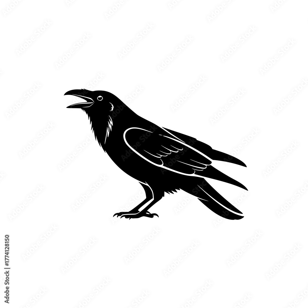 Naklejka premium A captivating graphic silhouette of a raven, with its distinctive dark plumage and sharp beak, poised in an alert stance. It's a stark contrast, bringing a touch of mystery. vector illustration
