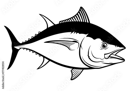 A monochromatic illustration of a tuna, showcasing its streamlined form, fins, and distinctive features against a clean backdrop, perfect for educational materials. vector illustration