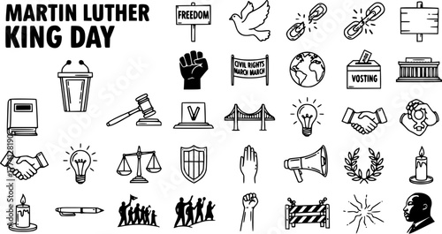 Martin Luther King Day Doodle Icons Set: Civil Rights, Freedom, Justice, Peace, and Equality Symbols