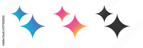 Generative AI stars and sparkles app logo icon set with colorful and black flat designs, modern artificial intelligence symbols for creative tools and