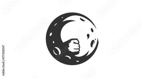 Abstract illustration of a fist within a crescent moon shape on white background
