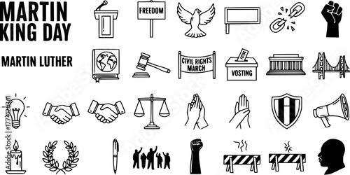 Martin Luther King Day  Civil Rights Movement Icons: Freedom, Justice, Equality, Protest, Voting  MLK Legacy Vector Collection
