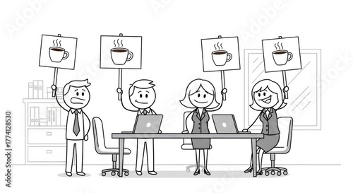 Drawn stick figures at a table holding up coffee cup signs, expressing joy and desire for coffee.