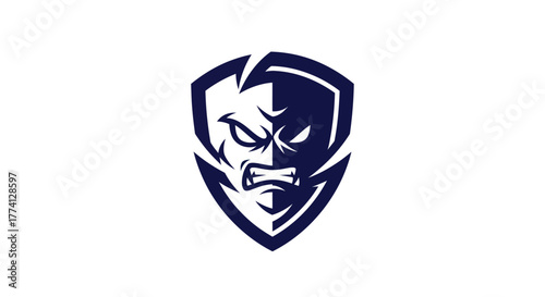 Abstract shield icon with angry face vector illustration on white