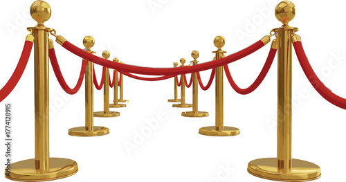 Realistic 3D rendering of a red carpet entrance with golden stanchions and velvet ropes, symbolizing exclusivity and VIP access