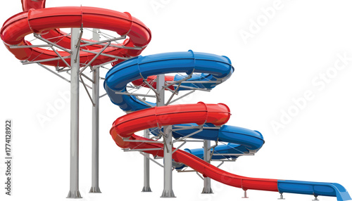 A modern water park attraction featuring a large red and blue tubular slide, representing fun, leisure, and summer adventure