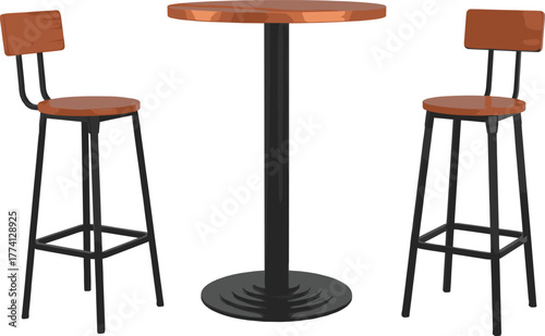 A round wooden bar table with two modern high chairs with brown seats and black metal frames on a white background