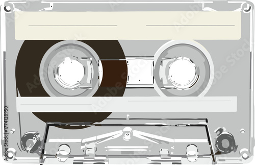Vintage transparent compact cassette with magnetic tape spools. An isolated vector graphic representing retro audio technology and nostalgia