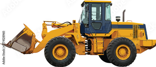 Yellow construction wheel loader vehicle with articulated steering and large bucket for earthmoving tasks
