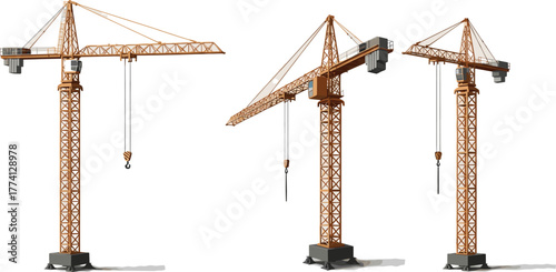 Three 3D renders of an orange industrial tower crane, essential for heavy lifting in construction and urban development projects. Symbolizing progress