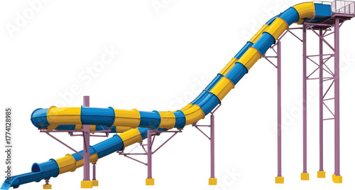 Thrilling water slide adventure with vibrant yellow and blue tubes for summer fun