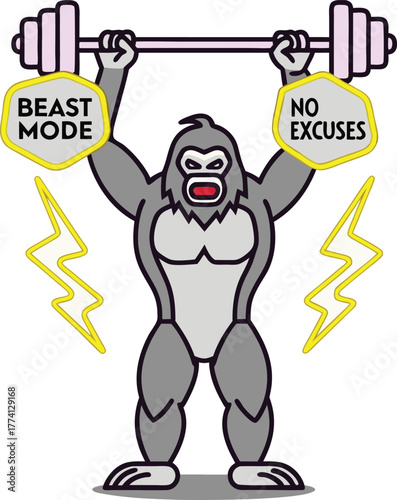 Cartoon gorilla lifting barbell with motivational text and lightning bolts monkey animal