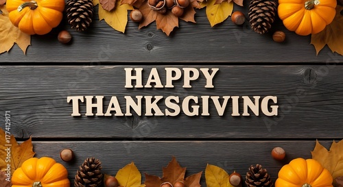 Rustic Happy Thanksgiving Design with Pumpkins and Autumn Decor on Wood