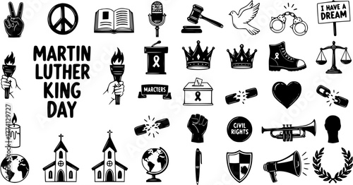 Martin Luther King Day and Civil Rights Icons Collection - Black and White Doodle Symbols of Equality, Justice, and Peace