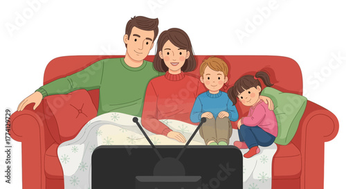 A happy family with a mother, father, son, and daughter enjoying watching television together on the sofa