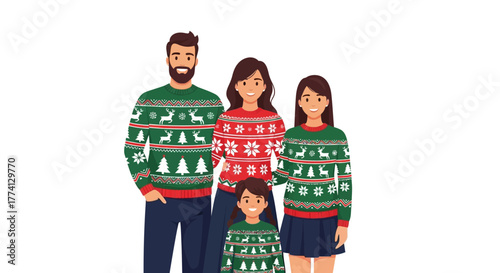 Joyful multi-generational family portrait celebrating winter holidays in matching festive Christmas sweaters